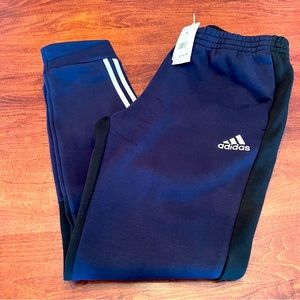 Adidas, NWT Men’s Multisport Joggers, Blue & Black with White stripes, Size L